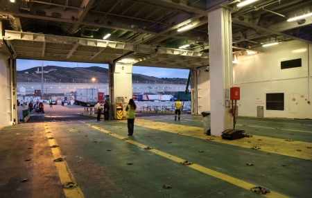 Car deck of a ferry in Tangier Med, Morocco. This ferry connects Morocco and Spain over the Straits of Gibraltarのeditorial素材