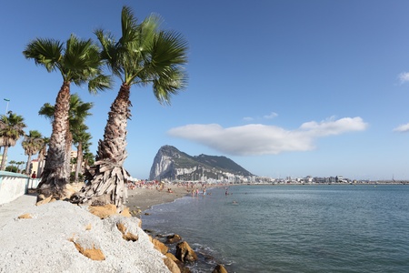 Poniente beach in La Linea, Spain. Rock of Gibraltar in the backgroundのeditorial素材
