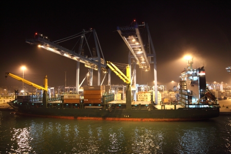 Container terminal in the port of Algeciras at night. Andalusia, Spain