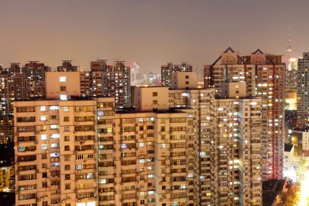 Residential buildings in the city of Shanghai at night, Chinaのeditorial素材