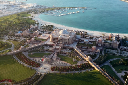 Aerial view of the Emirates Palace in Abu Dhabi, United Arab Emiratesのeditorial素材