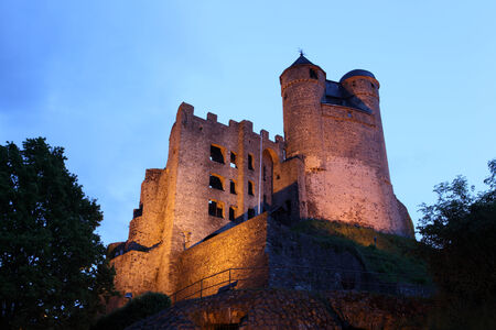 Ancient Castle Greifenstein illuminated at night. Hesse, Germanyのeditorial素材