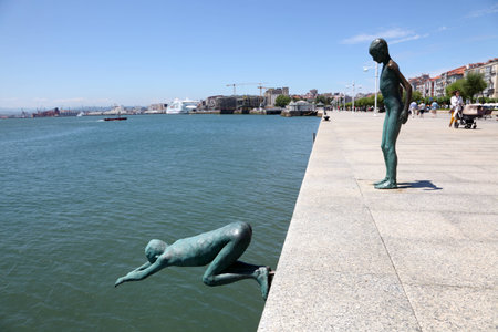 Los Raqueros sculpture at the promenade of Santander, Cantabria, Spainのeditorial素材