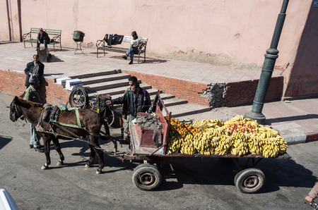 MARRAKESH, MOROCCO - NOV 21: Farmer selling his fruits from horse-drawn carriage in Marrakesh. November 21, 2008 in Marrakesh, Moroccoのeditorial素材