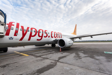 FRANKFURT - DEC 6: Pegasus Boeing 737-800 airplane at the Frankfurt International Airport. December 6, 2014 in Frankfurt Main, Germanyのeditorial素材