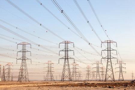 High voltage power lines in Kuwait, Middle Eastの写真素材