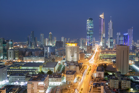 View of Kuwait City at night, Middle Eastの写真素材