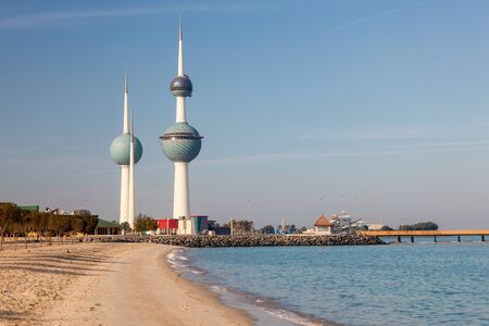 Arabian Gulf beach and the Kuwait Towers in Kuwait City, Middle Eastのeditorial素材
