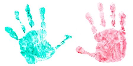 Colorful handprint of a childs hands isolated on white backgroundの写真素材