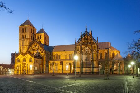 St. Paul's cathedral in Munster illuminated at night. North Rhine-Westphalia, Germanyの写真素材