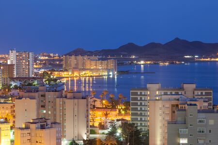 View of La Manga illuminated at night. Region Murcia, Spainの写真素材