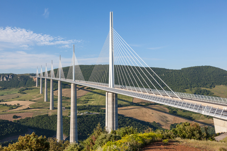 MILLAU, FRANCE - MAY 28: The Millau Viaduct in France. The bridge is the tallest in the world with one mast's summit at 343 meters. May 28, 2015 in Millau, Franceのeditorial素材
