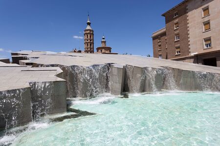 ZARAGOZA, SPAIN - MAY 26: Fuente de la Hispanidad fountain at the Pilar Square in Zaragoza. May 26, 2015 in Zaragoza, Spainのeditorial素材