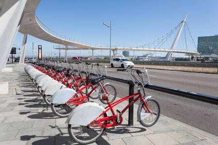 ZARAGOZA, SPAIN - MAY 26: Red bicycles for rent in the city of Zaragoza. May 26, 2015 in Zaragoza, Spainのeditorial素材