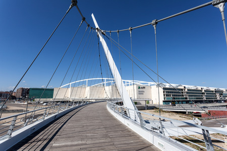 ZARAGOZA, SPAIN - MAY 26: Pedestrian bridge to the new train station Zaragoza Delicias. May 26, 2015 in Zaragoza, Spainのeditorial素材