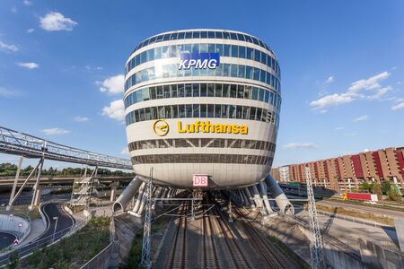 FRANKFURT, GERMANY - JULY 21: Futuristic office building with a train station in the underground at...