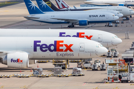 COLOGNE, GERMANY - AUG 1: FedEx express aircrafts at the cargo terminal of Cologne Bonn Airport (CGN). August 1, 2015 in Cologne, Germanyのeditorial素材