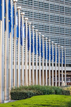 European Union flags in front of the European Comission building in Brussels, Belgiumの写真素材