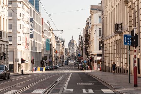 BRUSSELS, BELGIUM - AUG 22: City street in Brussels with Saint Mary's Church at the end. August 22, 2015 in Brussels, Belgiumのeditorial素材