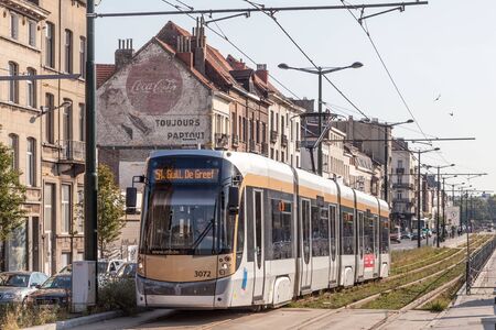 BRUSSELS, BELGIUM - AUG 22: Tram in the city of Brussels.The Tram system of the city has 19 lines, and the first horse powered line started in 1869. August 22, 2015 in Brussels, Belgiumのeditorial素材