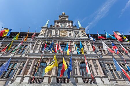 ANTWERP, BELGIUM - AUG 23: Facade of the historic city hall in the city of Antwerp. August 23, 2015...
