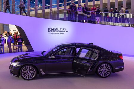 FRANKFURT, GERMANY - SEP 22: The new BMW 750Li xDrive luxury car at the IAA International Motor Show 2015. September 22, 2015 in Frankfurt Main, Germanyのeditorial素材