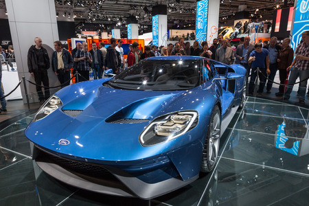 FRANKFURT, GERMANY - SEP 22: New Ford GT Ssports Car at the IAA International Motor Show 2015. September 22, 2015 in Frankfurt Main, Germanyのeditorial素材