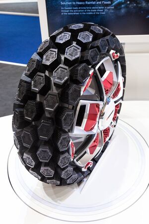 FRANKFURT, GERMANY - SEP 22: Futuristic Car Wheel Concept from Hankook at the IAA International Motor Show 2015. September 22, 2015 in Frankfurt Main, Germanyのeditorial素材