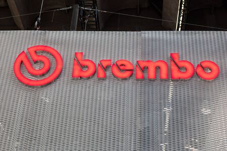 FRANKFURT, GERMANY - SEP 22: Brembo Company Logo at the IAA International Motor Show 2015. September 22, 2015 in Frankfurt Main, Germanyのeditorial素材