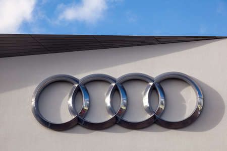 FRANKFURT, GERMANY - SEP 22: Audi corporation logo at the IAA International Motor Show 2015....
