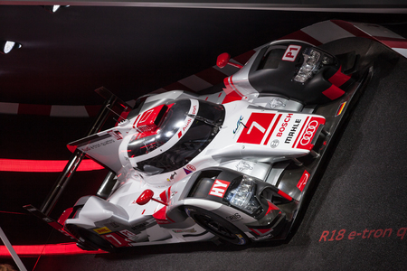FRANKFURT, GERMANY - SEP 22: Audi R18 e-tron quattro racing car at the IAA International Motor Show 2015. September 22, 2015 in Frankfurt Main, Germanyのeditorial素材