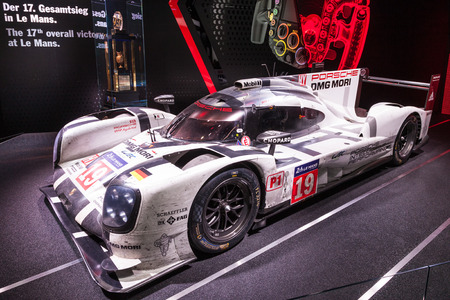 FRANKFURT, GERMANY - SEP 22: Porsche 919 Hybrid Le Mans Race Car at the IAA International Motor Show 2015. September 22, 2015 in Frankfurt Main, Germanyのeditorial素材