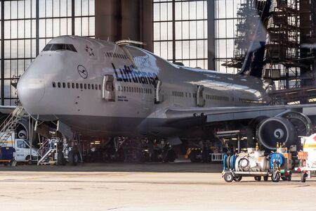 FRANKFURT, GERMANY - OCT 3: Lufthansa Boeing 747-400 in a hangar at the Frankfurt Airport. October 3, 2015 in Frankfurt Main, Germanyのeditorial素材