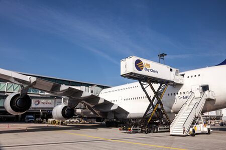 FRANKFURT, GERMANY - OCT 3: Lufthansa Airbus A380 at the Gate of the Frankfurt Airport. October 3,...