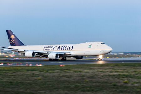 FRANKFURT, GERMANY - OCT 3: Saudia Cargo Boeing 747 at the runway of Frankfurt International Airport. October 3, 2015 in Frankfurt Main, Germanyのeditorial素材