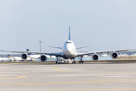 FRANKFURT, GERMANY - OCT 3: Lufthansa Boeing 747 at the runway of the Frankfurt Airport. October 3, 2015 in Frankfurt Main, Germanyのeditorial素材