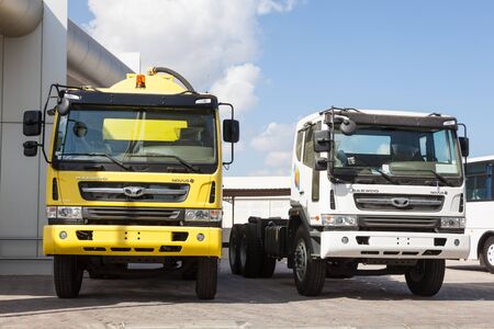 MUSCAT, OMAN - NOV 28: New Daewoo Novus trucks at a dealership in Muscat. November 28, 2015 in Muscat, Sultanate of Oman, Middle Eastのeditorial素材