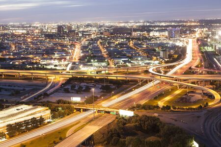 View over a highway at night near Dallas downtown. Texas, United States
