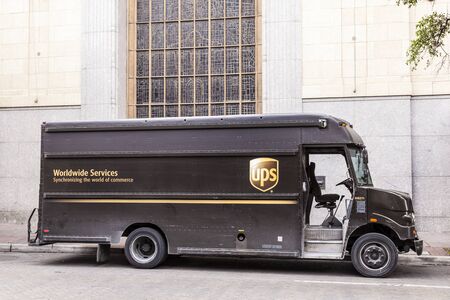 SAN ANTONIO, USA - APR 11: United Parcel Service Delivery Truck in the city of San Antonio.  April 11, 2016 in San Antonio, Texas, United Statesのeditorial素材