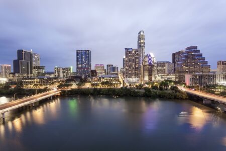 View of Austin downtown illuminated at night. Texas, United Statesの写真素材