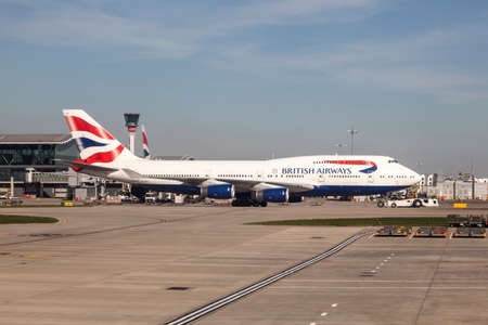 LONDON, UK - APR 20, 2016: British Airways Boeing 747 at the London Heathrow international airport. Hillingdon, England, United Kingdom.のeditorial素材