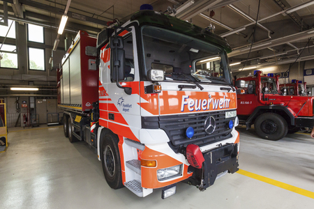 FRANKFURT, GERMANY - JULY 24, 2016: Modern fire trucks at the airport Fire Department in Frankfurt...