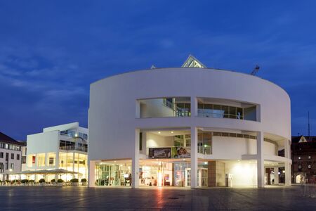 ULM, GERMANY - AUG 17, 2016: Modern Stadthaus (city house) illuminated at night. City of Ulm, Baden Wurtemberg, Germanyのeditorial素材