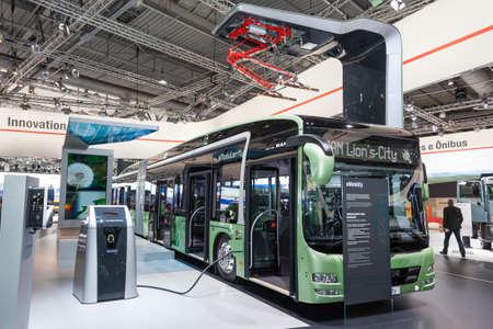 Hannover, Germany - Sep 23, 2016: MAN present the new electric bus Lions City at the IAA 2016 in Hannover, Germanyのeditorial素材