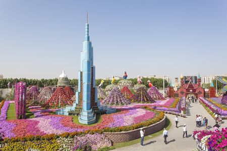 DUBAI, UAE - NOV 27, 2016: Burj Khalifa and millions of flowers at the Miracle Garden in Dubai. United Arab Emirates, Middle Eastのeditorial素材