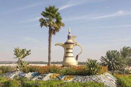 Traditional arabian coffeepot monument in the desert town Mezairaa, Emirate of Abu Dhabi, United Arab Emiratesのeditorial素材