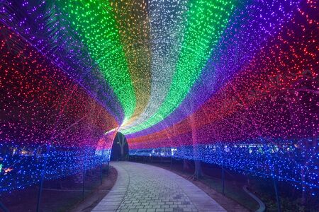 DUBAI, UAE - DEC 6, 2016: Beautiful installations at the Dubai Garden Glow family theme park illuminated at night. United Arab Emirates, Middle Eastのeditorial素材