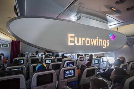 Cologne, Fl, USA - March 9, 2017: Interior of the Eurowings aircraft Airbus A 330. Cologne, Germany