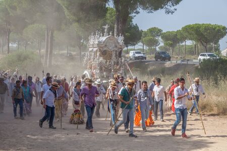 El Rocio, Spain - June 1, 2017: Pilgrims in traditional spanish dress on the road to El Rocio during...