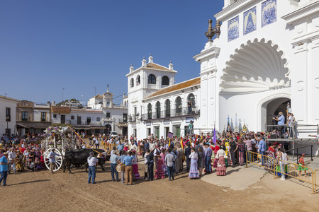 El Rocio, Spain - June 2, 2017: Piilgrims in traditional spanish dress in front of the hermitage in El Rocio during the Romeria 2017. Andalusia, Spainのeditorial素材